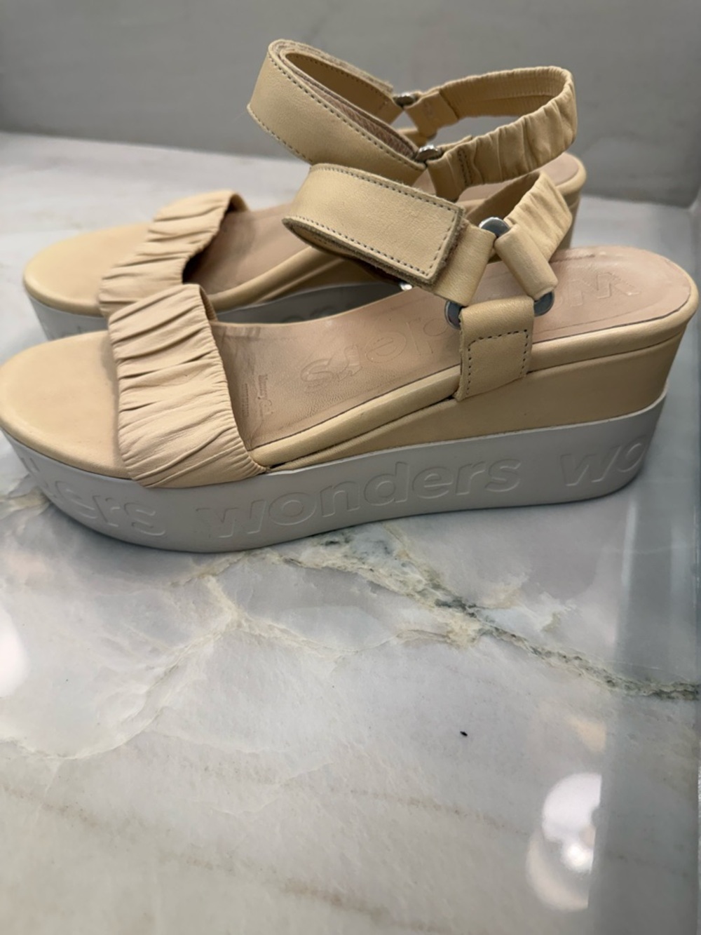 Neutral Ruched Platform Wedge Sandals - Picture 3 of 5